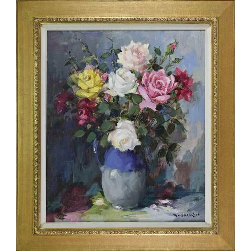Theodorus Van Oorschot, Still Life with Roses, Mid-20th Century, Oil on Canvas For Sale