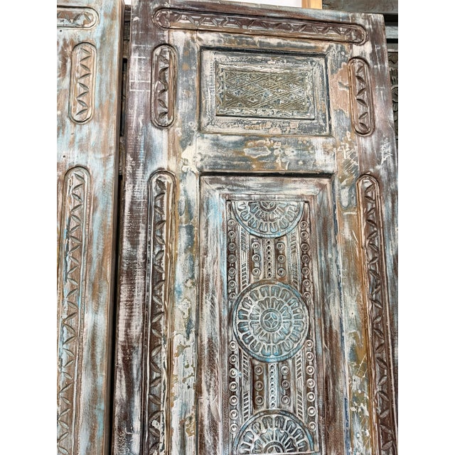 Mid-Century Modern Antique Hand-Carved Distressed Blue Floral Door – Vintage Wooden Bedroom Entry Door 96x31.5 For Sale - Image 3 of 12