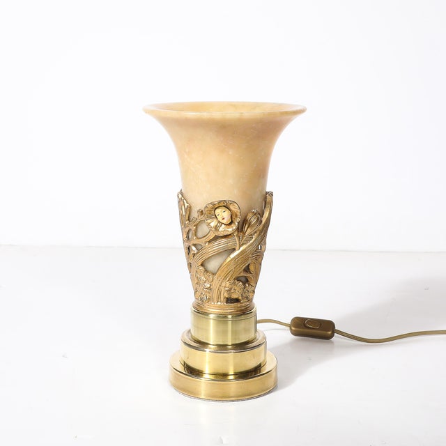 1930s Art Deco Gilt Bronze & Alabaster Table Lamps on Polished Brass Bases - a Pair For Sale - Image 10 of 14