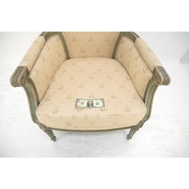 French Provincial Paint Decorated Painted Olive Green Carved Ballon Back Arm Chair MINT For Sale - Image 3 of 11