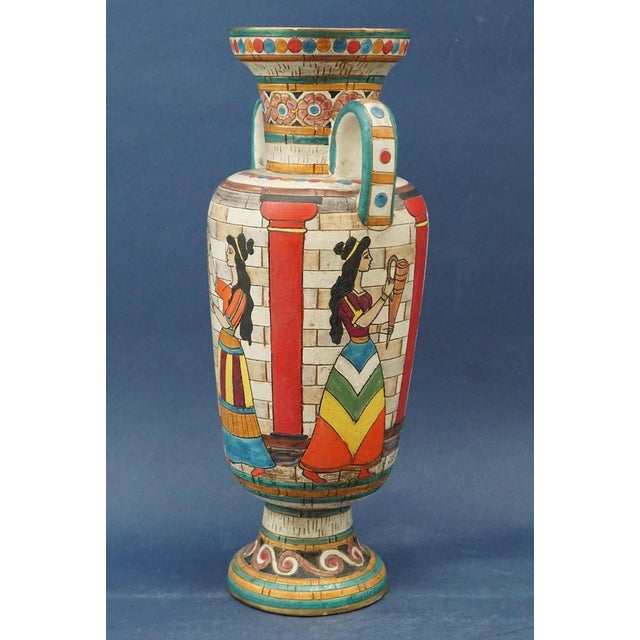 Hand-crafted ceramic vase, two-handled, in the shape of a roman or etruscan amphora, with a rich matte engobe glaze,...