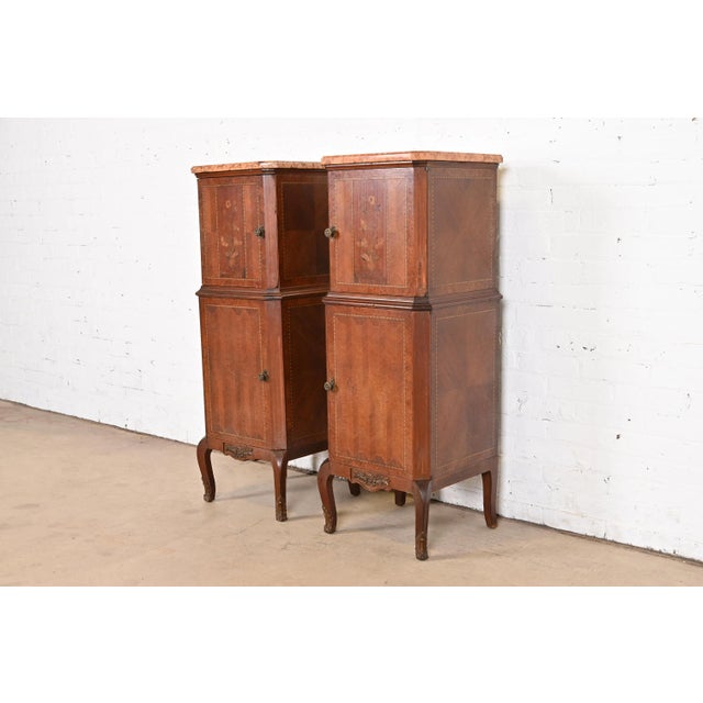 French Provincial French Louis XV Kingwood Inlaid Marquetry Marble Top Lingerie Chests, Pair For Sale - Image 3 of 12