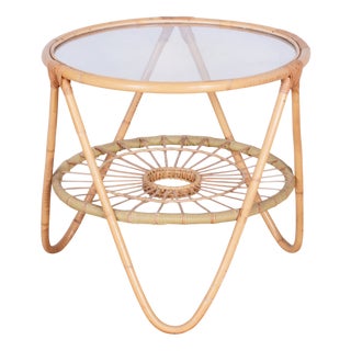 Small Mid-Century Table in Rattan and Glass attributed to Alan Fuchs for Uluv, Former Czechoslovakia, 1940s For Sale