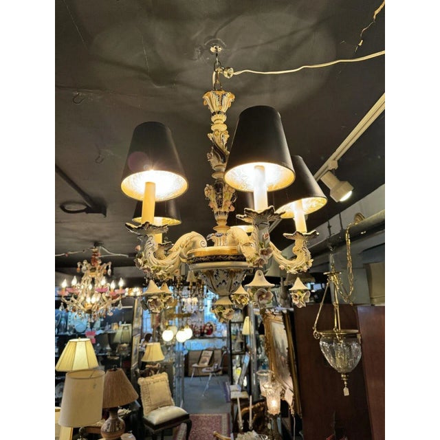 Antique French Hand Painted Porcelain Five Light Chandelier. Beautiful condition and our professional electrician has...
