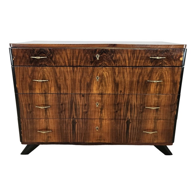 Art Deco Chest of Drawers in Mahogany Burl with Brass Handles, 1940 For Sale