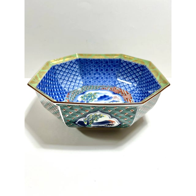 Ceramic Vintage Blue & White Chinoiserie Octagonal Porcelain Bowl With Gold Rim For Sale - Image 7 of 11