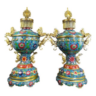 Late 20th Century Pair of Gilt Bronze Cloisonné Enamel Palace Lantern Incense Burners For Sale