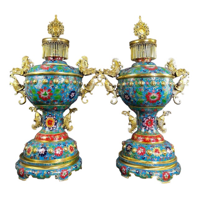 Late 20th Century Pair of Gilt Bronze Cloisonné Enamel Palace Lantern Incense Burners For Sale