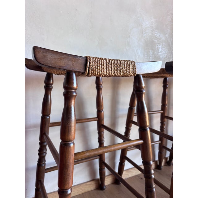 Set of 3 Mid Century Bar Stools Primitive Craft Movement Turned Walnut Bobbin Spindle Legs and Danish Cording Woven Seats For Sale In San Diego - Image 6 of 13