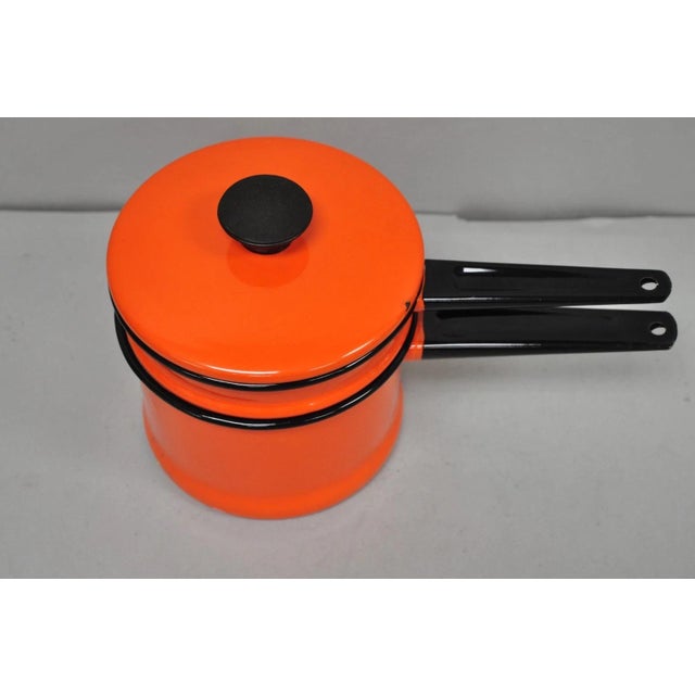 Vintage Enamel Orange & Black Metal Double Boiler Nesting Pot W/ Lid For Sale - Image 4 of 13