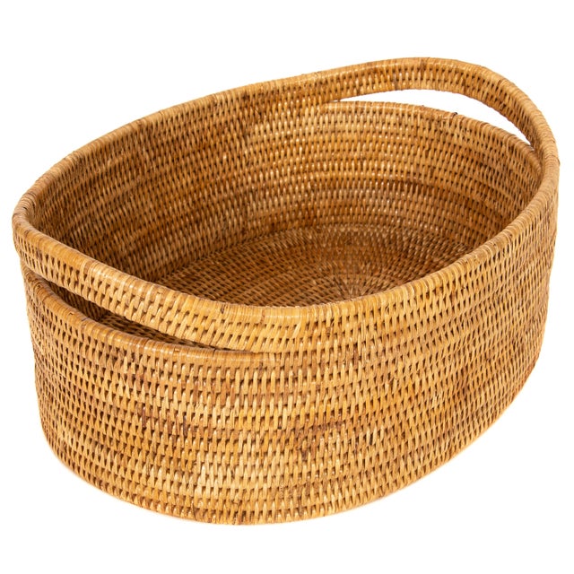 Boho Chic Artifacts Rattan Oval Basket With Cutout Handles in Honey Brown For Sale - Image 3 of 6