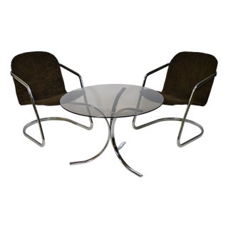 Mid-Century Cantilever Armchair and Coffee Table in Chrome and Smoked Glass, 1970s, Set of 3 For Sale