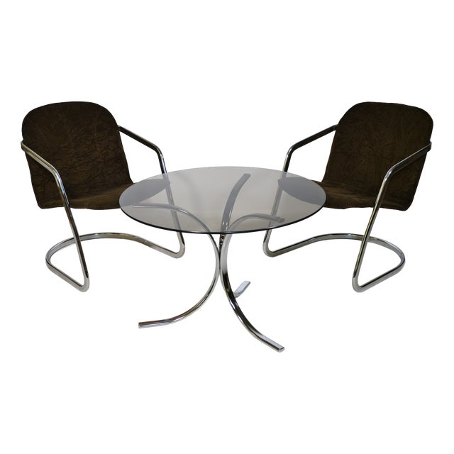 Mid-Century Cantilever Armchair and Coffee Table in Chrome and Smoked Glass, 1970s, Set of 3 For Sale