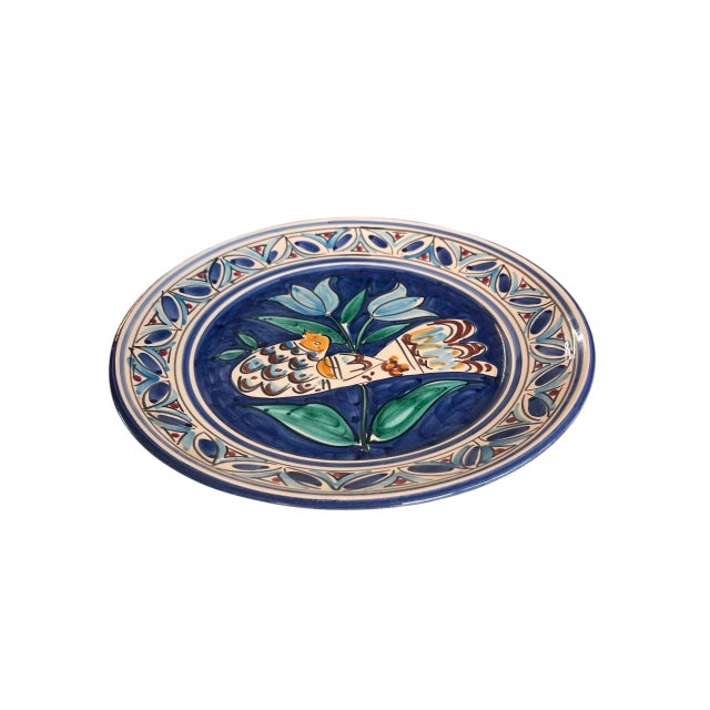 Mediterranean Vintage Hand-Painted Mediterranean Ceramic Wall Plate - Bird & Tulip Motif For Sale - Image 3 of 12