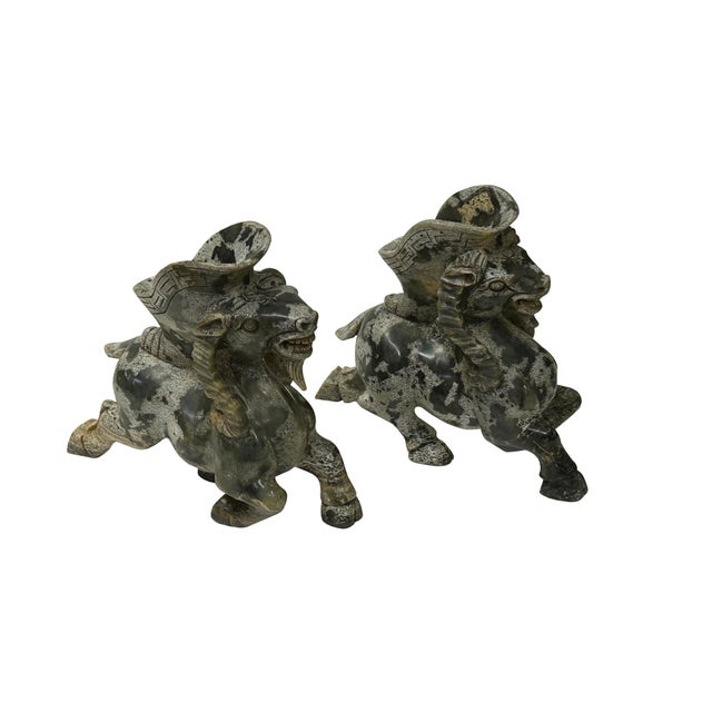 1990s Pair Oriental Stone Carved Ram Wine Cup Holder Shaped Display Figures For Sale - Image 5 of 10