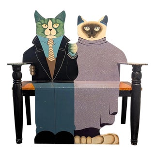 Cat Bench Hand Painted Folk Art Circa 1980 For Sale