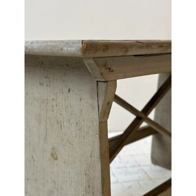 Wood Vintage Grey-Painted Wood Bench With X-Brace Detail, Circa 1930-40s For Sale - Image 7 of 12
