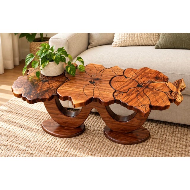 Lumen and Log Hand-Carved Black Walnut "Hibiscus & Hummingbird" Sculptural Coffee Table For Sale - Image 9 of 9