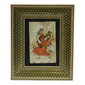 Persian Khatam Frame Inlaid With Artwork Paint on Faux Ivory Signed Original