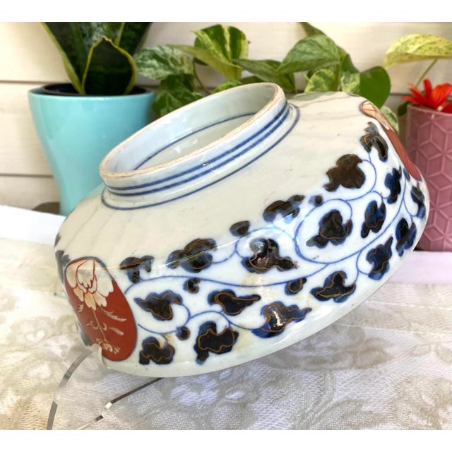Mid 20th Century Antique Japanese Imari Porcelain Footed Rice Serving Bowl - Hand Painted With Blue Fuku Mark - Set of 2 For Sale In Washington DC - Image 6 of 13