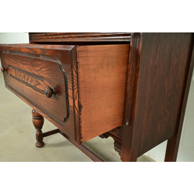 Wood Berkey & Gay Style Antique English Jacobean Carved Oak Bar Cabinet, Circa 1920s For Sale - Image 7 of 16
