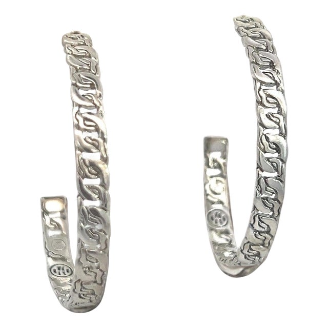 1990s Pair of John Hardy Estate XL 2" Cable Chain Hoop Earrings Silver For Sale