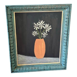 Primitive Rustic Vintage Framed Vase of Flowers Painting For Sale