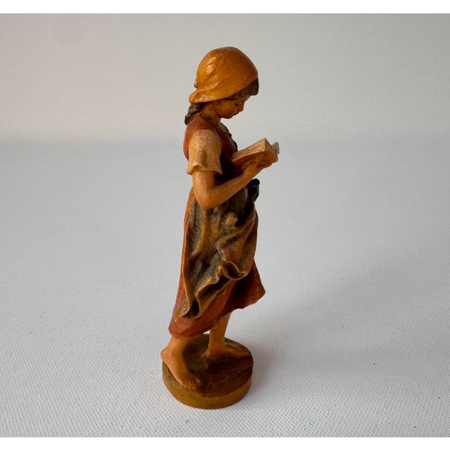 Rustic European Vintage Carved Wood Reading Girl Figurine With Basket For Sale - Image 3 of 9