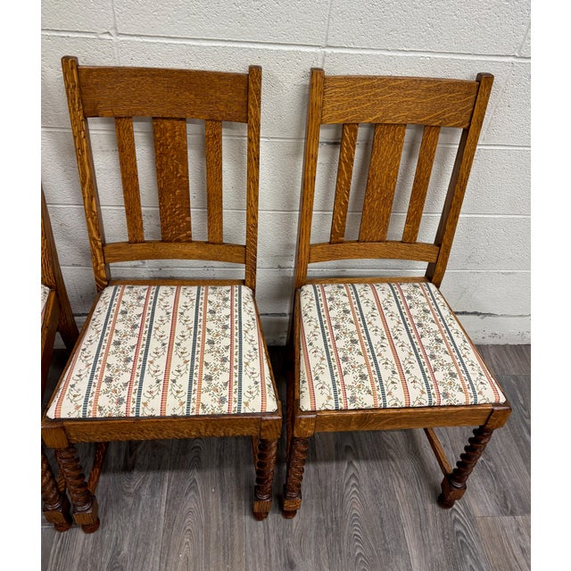 Vintage English Style Barley Twist Tiger Oak Pub Dining Chairs - Set of 4 For Sale - Image 4 of 13