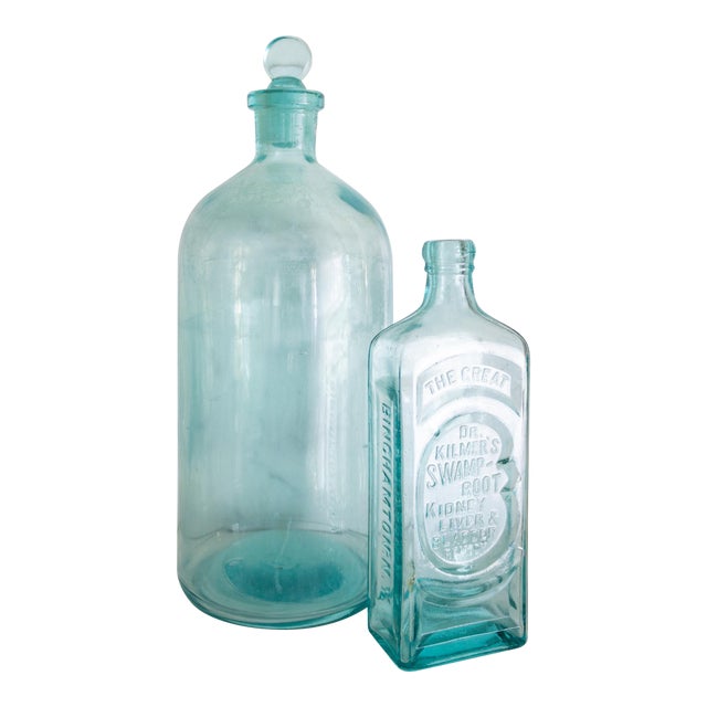 Pair of Antique Aqua Glass Medical Snake Oil Apothecary Bottles From Ny and Nj For Sale