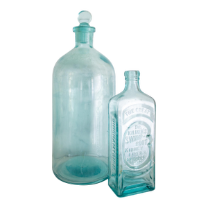 Pair of Antique Aqua Glass Medical Snake Oil Apothecary Bottles From Ny and Nj