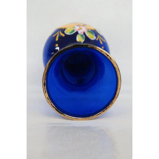 Cobalt Blue and Gold Hand Painted Flowers Czech Bohemian Glass Bud Vase For Sale - Image 10 of 13