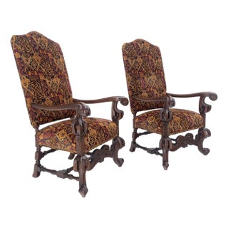 Pair Gothic Oversized Heavily Carved Walnut Arm Chairs Tall Back Thrones MINT! For Sale