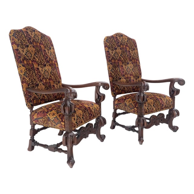 Pair Gothic Oversized Heavily Carved Walnut Arm Chairs Tall Back Thrones MINT! For Sale