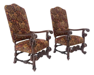 Pair Gothic Oversized Heavily Carved Walnut Arm Chairs Tall Back Thrones MINT!