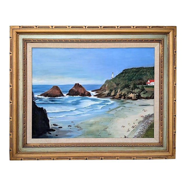 Vintage Coastal Lighthouse Oil Painting by Estelle M. For Sale