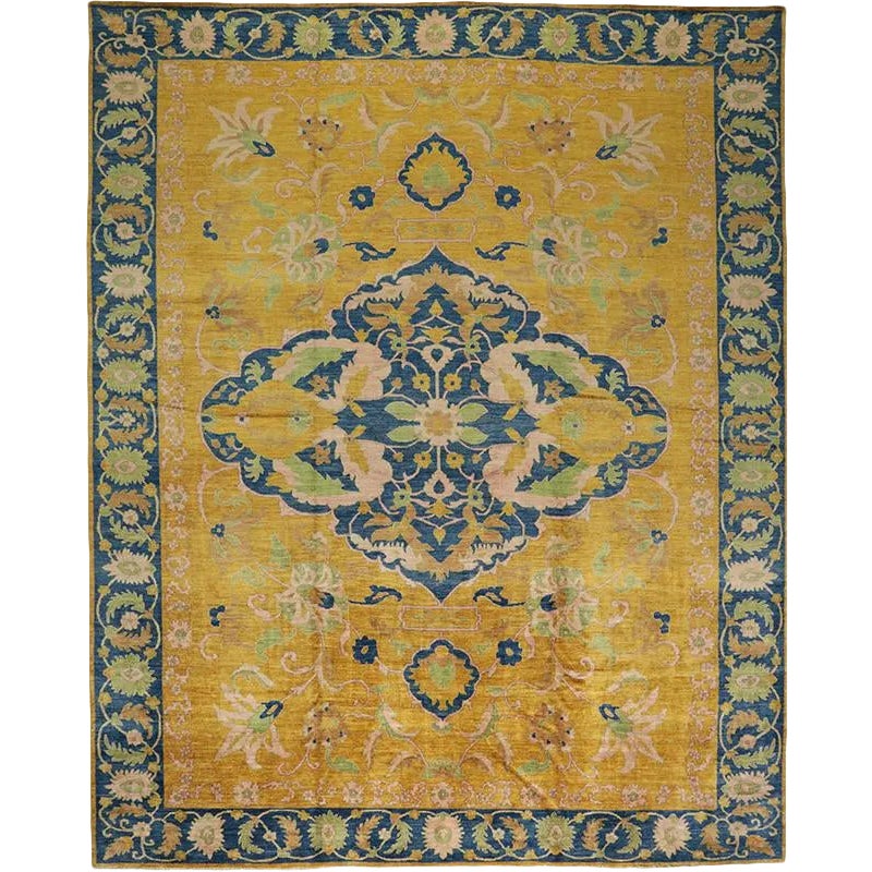 Handwoven Yellow/Blue Traditional Indian Agra Area Rug 12'4