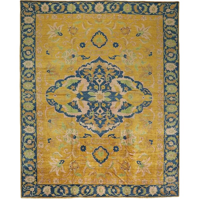 Handwoven Yellow/Blue Traditional Indian Agra Area Rug 12'4" X 15'4" For Sale