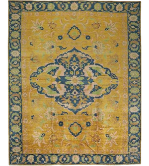 Handwoven Yellow/Blue Traditional Indian Agra Area Rug 12'4" X 15'4"
