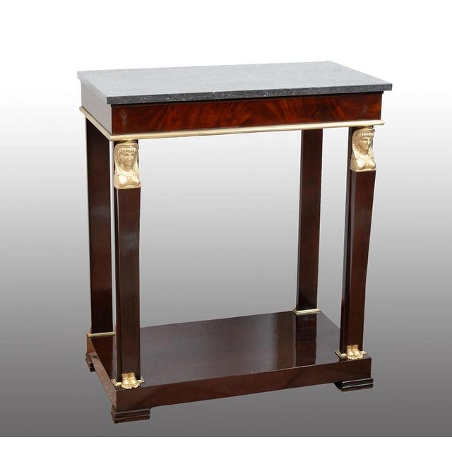 Brown Antique 19th Century Return from Egypt Console Table in Mahogany Veneer with Belgian Marble Top, France For Sale - Image 8 of 8