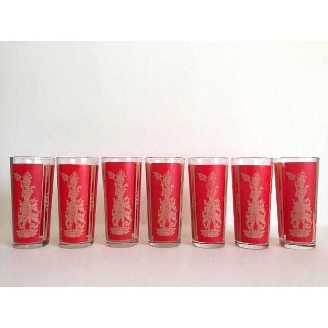 Glass Vintage Mid Century Modern Thai Goddess Lakshmi Tall Red Tumbler Glasses - Set of 7 For Sale - Image 7 of 13
