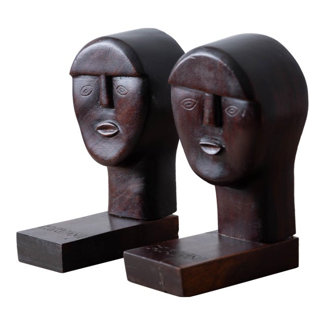 Pair of Carved Wood Haitian Modernist Bookends, C. 1960 For Sale