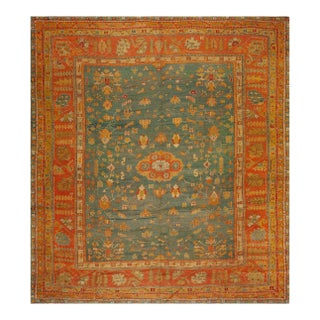 Marvelous Sky Blue Ground Color Medallion/Crest Pattern AntiqueTurkish Oushak Rug For Sale