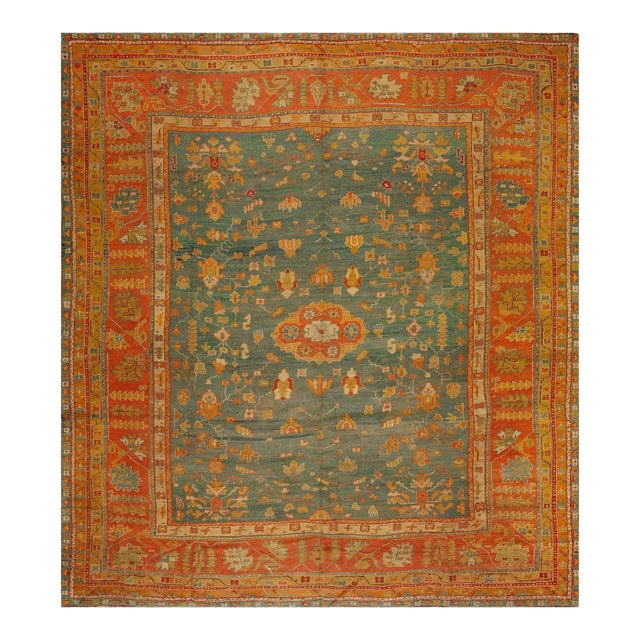 Marvelous Sky Blue Ground Color Medallion/Crest Pattern AntiqueTurkish Oushak Rug For Sale