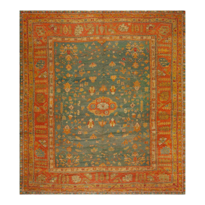 Marvelous Sky Blue Ground Color Medallion/Crest Pattern AntiqueTurkish Oushak Rug