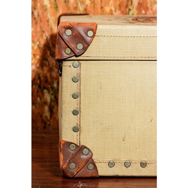 Decorative 1930s Travel Trunk Luggage Suitcase Antique Leather Canvas Travel Home Decor Storage For Sale - Image 11 of 15