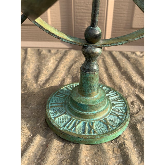 Metal Vintage English Country Brass Verdigris Garden Armillary Sundial For Sale - Image 7 of 11