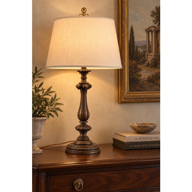 Vintage Neoclassical Acanthus Table Lamp in Aged Bronze With Ivory Linen Shade For Sale In Los Angeles - Image 6 of 6