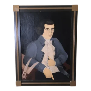 1970s Original Primitive Folk Art Portrait Painting by Gina Hosfeld, Framed