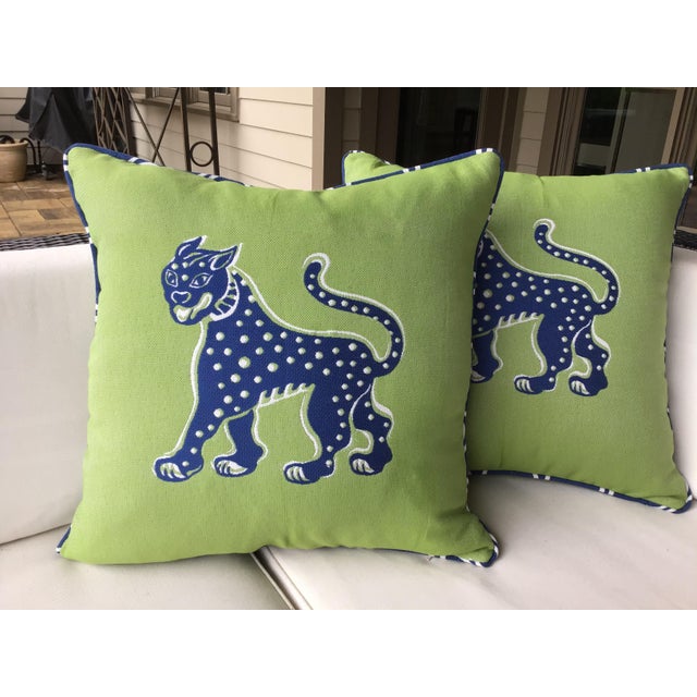 Thibaut “Misha” in Kiwi and Royal Sunbrella Outdoor Pillows a Pair